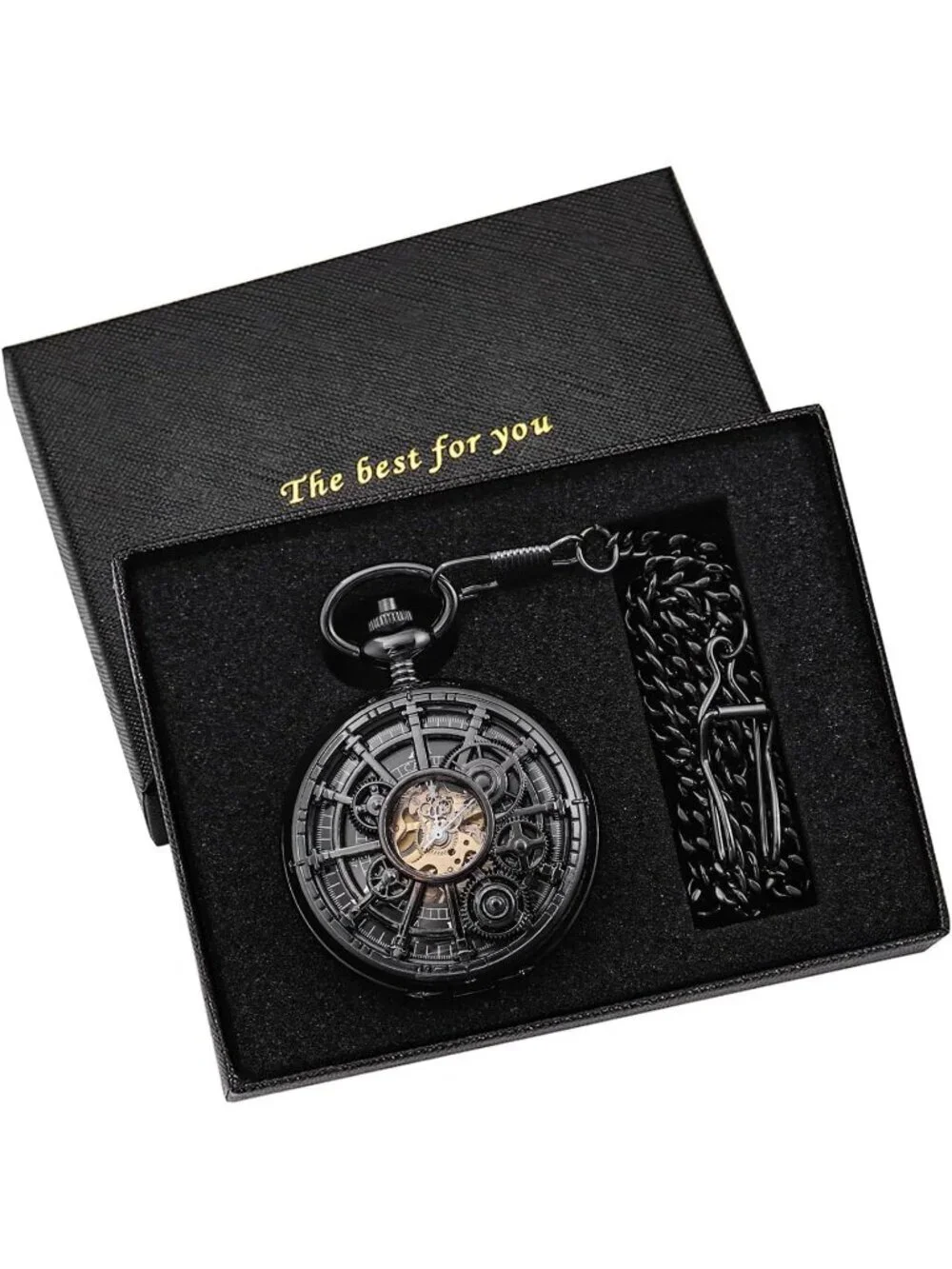 Men's All Black Vintage Style Hollow-Out Gear Arabic Mechanical Pocket Watch